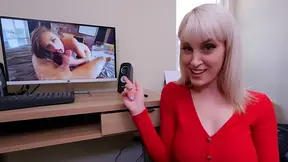 Blonde catches guy watching porn and gives him a sloppy blowjob he won't forget anytime soon