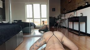 Sissy Caged Bottom in Sheer Socks and Bodysuit Dancing, Stripping, Fisting His Hole and Using Big Toys