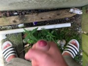 British teen boy jerks off and cums outside on the wall (OUTDOOR CUM)