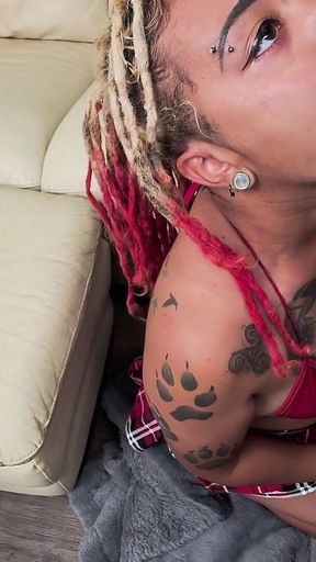 Interracial Creampie: Tattooed Mixed Dreadlock Girl Gets Filled on Couch