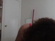 Crossdresser in pink lingerie sucks dildo then cums