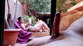 My stepson takes out his big cock on the terrace, gets excited looking at me behind the window and showing his erection to the neighbors. My nipples are very hard and I'_m not wearing a bra.