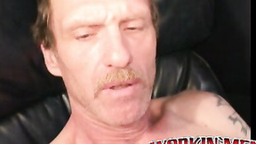 Old man with mustache strokes his long shaft until he cums