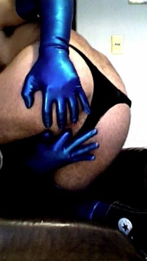 Latex Masked Sub in Stockings Fucks Its Ass with Huge Dildo