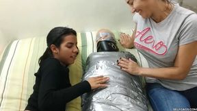 Katherine Martinez Collared And Pantyhose Hooded In Multilayered Mummification Bondage