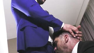 Suited Beau Butler sits face before getting pounded by horny Sir Peter