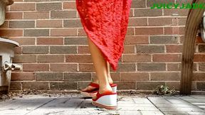 Small Asian Feet in Red Heeled Flip Flops