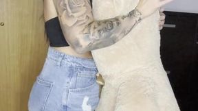 Hot brunette dominates her teddy bear while smoking