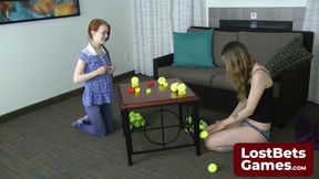 Two lesbians in an intimate Strip Ball Stacks challenge