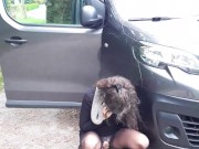 Secretary in crotchless panthyhose stocking no panties, is desperate pee on the risky public road