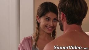 Cute brunette catches her stepmother and brother in act