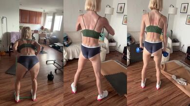 Blonde fitness babe stuffs her tiny ass in workout panties fetish