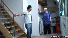 Curvy blonde granny riding his strong meat