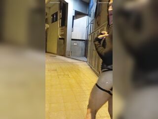 Taniax walks around the city in sexy black lingerie,showing her petite schlong in flat chastity cage