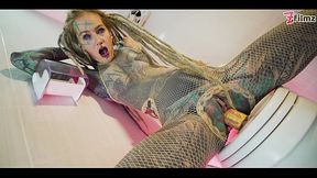 alternative TATTOO model solo PISS action - ANAL toy masturbation, pee fetish, dreads