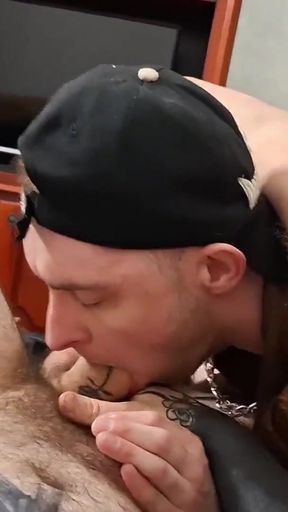 Key moment from &quot;Leather guy satisfies two guys with his mouth&quot;