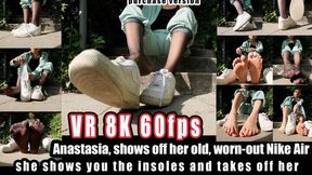 VR 3D 8K 180 60 fps | Anastasia, shows off her old, worn-out Nike Air , Nylons ,Barefoot - You can see her up close as she shows you the white, dirty Nike Air sneakers of all silks