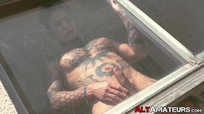 Yoshi strokes his hard cock solo by the open window