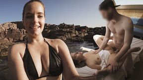 German girl in sundress rides cock on Sardinian beach