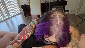 purple-haired trans girl takes huge cock in first ever video