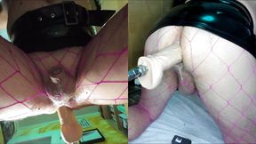 Dual View Crossdresser in Shiny Skirt and Fishnet Gets His Anal Pussy Fucked by Fucking Machine, Cock Leaks