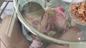 Skinny geek stepmom taboo BJ under the glass table