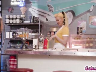Waitress Serene Siren wanting to go further with customer Alexis Tae and begins giving a kiss her whilst dancing