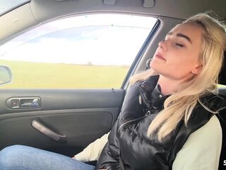 German Golden-haired Hitchhiker Pick up and Get Risky POV Outdoor Screw in Car