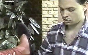 Guy licks TS feet and masturbates outdoors