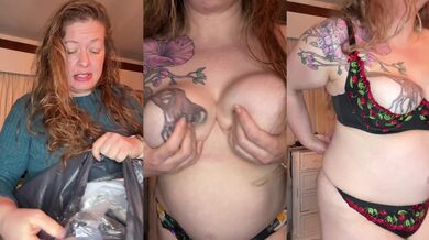 Quarter cup crotchless lingerie slipped on by tattooed solo queen peeking pussy strip