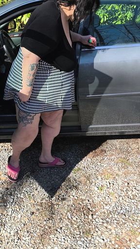 Pissing Whore in the Woods in the Car Door Wide Open Getting Caught She&#039;s a Hoping