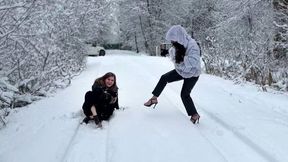 Jeffrey Campbell Skate shoe on ice, blue thong sandals on ice, girls walking on ice