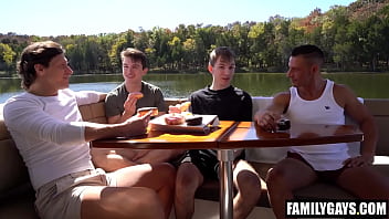 Step daddies foursome fuck gay step sons on a boat trip