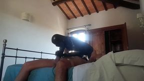 25 minutes of fetish sucking and fucking action in latex condom catsuit and high heels
