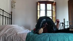 25 minutes of fetish sucking and fucking action in latex condom catsuit and high heels