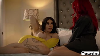 Busty Trans Eva Maxim rimjob and ass fucked by Tgirl Foxxy