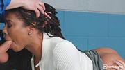 Curvy Ebony Babe with Dreads and Busty Redhead Lick, Finger and Blow Bald Guard in Hostel Checkpoint Threesome