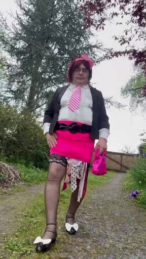 In an outfit with a short neon skirt for the evening