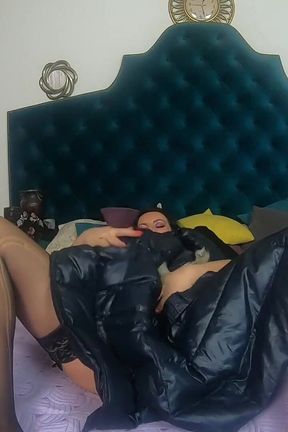 Masturbating and Playing with Green Fur Long Jacket 188