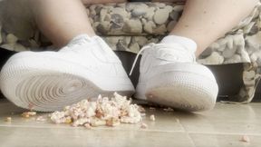 "Popcorn Smashed In Fresh White Air Ones By Man!" - Heavy Sneaker Crushing
