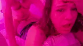Gorgeous Goth T-girl Fucked Hard in Pink-light with Cumswallowing