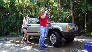 Filthy blonde fucks a car wash man and gets facialized