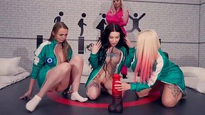 Lustful chicks from Squid Game fool around with massive rubber cock