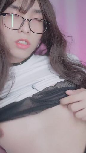 Asian Sissy in Fishnet & Lingerie Cumshot