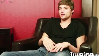 Young twink plays with oiled up cock and huge anal dildo too