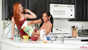 Redhead MILF seduces Asian teen into morning sex instead of breakfast.