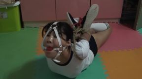 chinese girl hogtie bondage in gym suit and ball gag harness