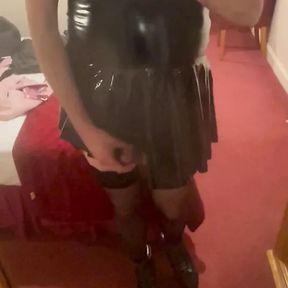 Hotel black shiny dress and high heel ankle boots cum tease