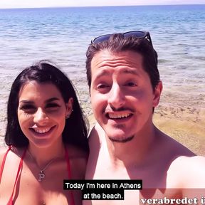 German tourist tows 2 latinas on the beach on vacation