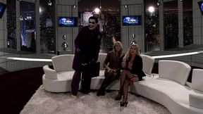 fishnet and garter foursome fuck with three incredibly hot big tit blondes and a goofy jokester